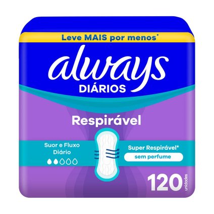 PROTETOR DIÁRIO ALWAYS RESPIRÁVEL SEM PERFUME 120 UNIDADES