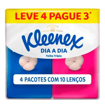 LENÇO DE PAPEL KLEENEX DIA A DIA LEVE 4 PAGUE 3 COM 10 LENÇOS CADA