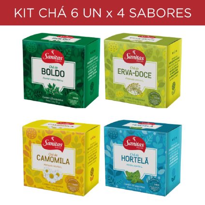 KIT CHÁ SANITAS 24 UNIDADES 4 SABORES CAMOMILA, BOLDO, HORTELÃ, ERVA-DOCE