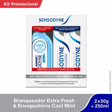 KIT CREME DENTAL SENSODYNE BRANQUEADOR EXTRA FRESH 2 UNIDADES 50G GRÁTIS ENXAGUATÓRIO BUCAL 250ML