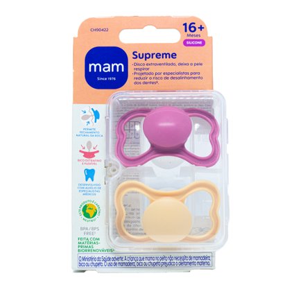 CHUPETA MAM SUPREME ROSA 16 MESES + COM 2 UNIDADES