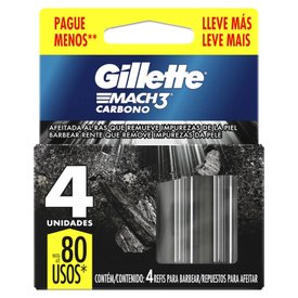 LÂMINA PARA APERELHO DE BARBEAR GILLETTE MACH3 CARBONO COM 4 LEVE MAIS PAGUE MENOS