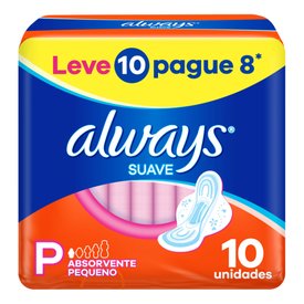 ABSORVENTE ALWAYS SUAVE TAMANHO P COM ABAS LEVE 10 PAGUE 8