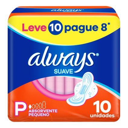 ABSORVENTE ALWAYS SUAVE TAMANHO P COM ABAS LEVE 10 PAGUE 8