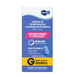 Maleato De Bronfeniramina 12mg + Cloridrato De Fenilefrina 15mg Ems 12 Comprimidos