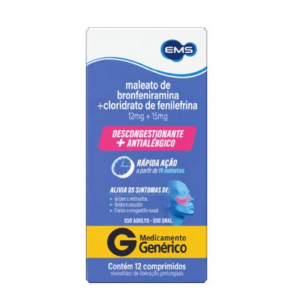MALEATO DE BRONFENIRAMINA 12MG + CLORIDRATO DE FENILEFRINA 15MG EMS 12 COMPRIMIDOS